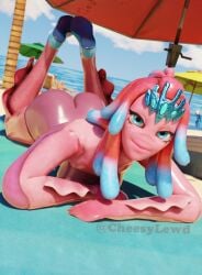 absurd_res ass beach bryne_(fortnite) cheesyx3d epic_games female fish fortnite hi_res humanoid looking_at_viewer lying marine nude on_front solo