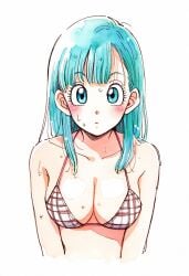 ai_assisted ai_generated bare_arms bare_shoulders big_breasts bikini blue_eyes blue_hair blush breasts bulma_briefs cleavage closed_mouth collarbone dragon_ball jei_games short_hair wet_body wet_hair