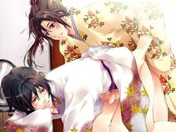 2boys anal androgynous aoi_(hanakage) bent_over blush brown_eyes brown_hair censored crossdressing erection game_cg gay hanakage handjob kimono kirishima_iori looking_back multiple_boys penis reach_around sex smile trap vividcolor yaoi