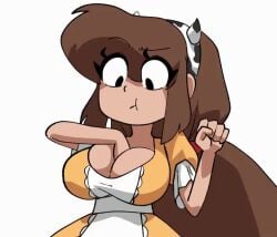 2d 2d_animation animated big_breasts brown_hair cleavage coolerinker cow_headband inker_comics inkershike jiggling_breasts long_hair looping_animation mona_(inker_comics) no_sound tagme video yellow_dress