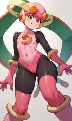 1girls ai_generated cameltoe capcom female_focus gloves green_eyes helmet latex_suit mega_man mega_man_battle_network roll.exe small_breasts suit