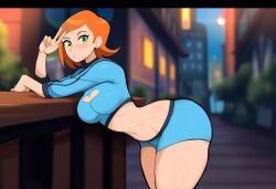 ai_generated ben_10 big_breasts blue_shirt female green_eyes gwen_tennyson looking_at_viewer mullon novelai orange_hair solo thick_lips thick_thighs