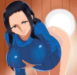 1girls animated areola ass blue_shirt breast_fondling breast_grab breasts busty cleavage female female_only green_eyes nico_robin nipples one_piece smile solo sweater taroro voluptuous