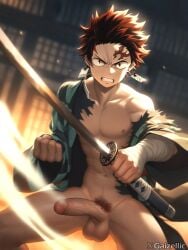 1boy ai_generated clenched_teeth demon_slayer earrings erection gaizellic holding holding_sword holding_weapon japanese_clothes jewelry kaizellic kamado_tanjirou katana kimetsu_no_yaiba looking_at_viewer male_focus male_pubic_hair navel nipples pectorals penis pubic_hair red_eyes red_hair scar scar_on_face scar_on_forehead solo sword teeth testicles torn_clothes uncensored veins weapon