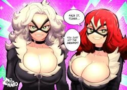 2girls big_breasts black_cat_(cosplay) black_cat_(marvel) breasts clothed clothed_female costume domino_mask felicia_hardy female female_focus female_only light-skinned_female light_skin looking_at_viewer marvel marvel_comics mary_jane_watson mask masked masked_female matching_clothing medium_hair multiple_females multiple_girls red_hair redhair redhead shorter_female sonchapo spider-man_(series) talking_to_viewer taller_female white_hair white_hair_female