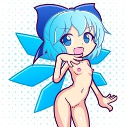 1girls 2024 blue_eyes blue_hair bow breasts cirno completely_nude completely_nude_female female female_only flat_chest furii_(artist) ice ice_wings navel nipples nude nude_female open_mouth pink_nipples pussy puyo_puyo_artstyle simple_background small_breasts solo solo_female touhou wings