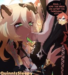 artist_name blowjob bodily_fluids cock cock_in_mouth english_text fluffy_ears genshin_impact glk gloves green_eyes green_tongue hand_on_head lipstick_on_penis makeup_running mavuika_(genshin_impact) onomatopoeia penis penis_in_mouth quinnissleepy ruined_makeup running_makeup slurp slurping text tongue tongue_out xilonen_(genshin_impact) zipper zipper_pull_tab