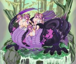 amphibian breast_grab conjoined fchimaera fin fin_ears fog gills hydra large_breasts monster_girl monster_girl_encyclopedia original pelvic_curtain purple_body purple_eyes purple_hair purple_scales scales swamp taur tree voluptuous voluptuous_female water