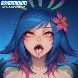 ai_generated blue_hair close-up cum cum_in_mouth flower_in_hair hair_flower league_of_legends neeko open_mouth pink_hair royrathehot yellow_eyes