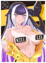 1girls belly_button black_hair bodysuit breasts censored exvalvt female female_only heart-shaped_pupils huge_breasts inviting light-skinned_female light_skin looking_at_viewer middle_finger orca_girl orca_tail purple_eyes seductive shylily shylily_(kill_lil) solo symbol-shaped_pupils tail tempting two_tone_hair undressing unzipped unzipped_bodysuit virtual_youtuber white_hair yellow_bodysuit