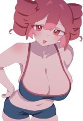 1girls 2d 2d_(artwork) bare_shoulders big_breasts blush breasts cleavage cleavage_overflow female female_only huge_breasts kasane_teto large_breasts looking_at_viewer midriff navel overflowing_breasts red_eyes red_hair shorts solo sports_bra thick_thighs thigh_gap thighs twin_drills ur_(ur_o_) utau