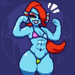 1girls abs bikini blue_body confident delta_rune_(emblem) deltarune deltarune_bikini eyepatch female_only fish fish_girl flat_chest flexing flexing_bicep gills long_hair monster_girl muscular muscular_female navel octotron2000 pixel_art ponytail red_hair self_upload skindentation solo solo_female thick_thighs tombstone_teeth undertale undertale_(series) undyne wide_hips yellow_eyes