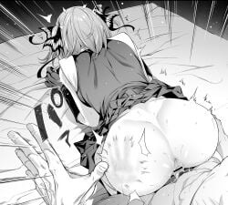 1boy all_fours anus ass bar_censor butterfly_hair_ornament censored chicke_iii commentary condom condom_on_penis doggy_style elbow_gloves female gloves go-toubun_no_hanayome greyscale hair_ornament highres monochrome nakano_nino on_bed penis sex shirt short_hair skirt sleeveless sleeveless_shirt spanking straight symbol-only_commentary