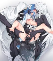 1boy 2girls absurdres bisexual_female black_dress black_flower black_skin blush breasts breath colored_skin dizzy_(guilty_gear) dress flower french_kiss group_sex guilty_gear guilty_gear_strive hair_flower hair_ornament highres kiss kissing large_breasts large_penis long_hair mature_female milf mocomori multiple_girls necro_(guilty_gear) nipples penis queen_dizzy sex shoe_dangle spread_legs spread_pussy steam steaming_body threesome tongue tongue_out uncensored undine_(guilty_gear) vaginal vaginal_penetration veins veiny_penis white_dress white_flower white_hair yellow_flower