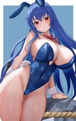 1girls alternate_breast_size angry angry_expression angry_face annoyed big_breasts blue_body breasts bunny_ears bunnysuit cleavage ebi_193 female long_hair looking_at_viewer red_eyes solo tenshi_hinanawi touhou wide_hips