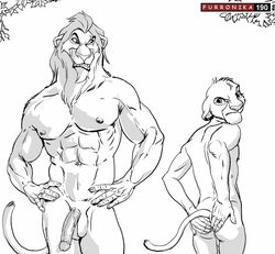 anthro cub disney feline fur furronika furry lion male male_only mammal monochrome penis scar_(the_lion_king) simba testicles the_lion_king