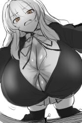 aisaka_taiga alternate_body_type alternate_breast_size big_breasts black_and_white exrumya giantess on_top orange_eyes toradora!