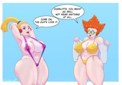 2girls bikini blonde_hair cadam_arts charlotte_pickles dialogue didi_pickles light-skinned_female milf nipples_visible_through_bikini one-piece_swimsuit red_hair sling_bikini slingshot_bikini slingshot_swimsuit voluptuous_female