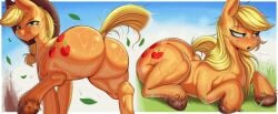 absurd_res applejack_(mlp) ass big_butt blonde_hair blush bodily_fluids clothing cowboy_hat cutie_mark day dock_(anatomy) dominismortis earth_pony equid equine eyebrows female feral freckles friendship_is_magic fur grass hair hasbro hat headgear headwear hi_res hooves horse long_hair looking_at_viewer low-angle_view lying mammal my_little_pony on_front open_mouth orange_body orange_fur outside plant pony quadruped smile solo sweat tail yellow_tail