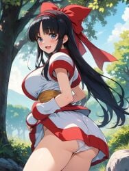 1girls ai_generated ainu_clothes ass big_ass big_breasts black_hair blue_eyes blush breasts busty fat_ass female female_only fingerless_gloves gloves hair_ribbon hi_res king_of_fighters large_breasts legs long_hair looking_at_viewer looking_back nakoruru open_mouth panties pantyshot samurai_shodown sideboob smile snk solo thighs tongue