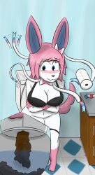 2024 absurd_res anthro bathroom big_breasts blue_eyes blush bottomwear bra breasts clothed clothing digital_media_(artwork) eeveelution feces female fur generation_6_pokemon hair hi_res looking_down mammal navel nintendo notmypornaccount panties panties_down partially_clothed pink_body pink_fur pink_hair pokemon pokemon_(species) ribbons_(anatomy) scat sitting smile solo sylveon tail text toilet toilet_bowl toilet_paper toilet_use toothpaste underwear underwear_down water white_body white_fur