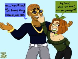 1boy 1boy1girl 1girls alice_conway_(dopeisnukat) brown_skinned_male dopeisnukat female gold_jewelry gold_sunglasses green_eyes green_lipstick long_sleeve_shirt male mole_under_eye nose_boop original original_character pierre_dumont_(dopeisnukat) redhead sfw