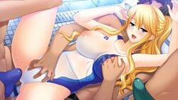 3boys black_hair blonde_hair blue_eyes blush breast_grab breasts brown_hair competition_swimsuit erection erection_under_clothes female gakuen_taima game_cg grabbing grabbing_from_behind hijirigaoka_lisa koizumi_amane large_breasts long_hair male multiple_boys nipples one-piece_swimsuit open_mouth penis ponytail pool see-through see-through_swimsuit smile sweat swimsuit tied_hair