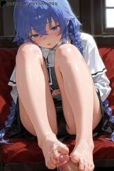 1girls ai_generated blue_eyes blue_hair blush braid clothed clowenqq cum cum_on_feet feet female female_focus footjob hair hair_between_eyes legs long_hair looking_down mushoku_tensei open_mouth panties partially_visible_vulva penis roxy_migurdia sitting toes twintails uncensored