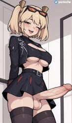 ai_generated blonde_female blonde_hair breasts burnice_white clothed clothing futa_only futanari indoors large_penis looking_at_viewer looking_down penis playful skirt testicles thick_thighs thighhighs thighs tongue tongue_out underboob veins veiny_penis wink winking_at_viewer zenless_zone_zero