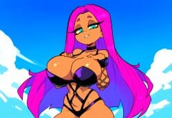 ai_generated alien alien_girl alternate_breast_size alternate_costume curvaceous dc dc_comics female huge_breasts mullon novelai orange_body red_hair smile starfire tamaranean thick_thighs top_heavy