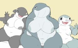 big_breasts breasts cetacean chubby cora_(shamelesss) female group horn looking_at_viewer mammal marine narwhal nude one_eye_closed open_mouth orca overweight pussy seated shamelesss thick_thighs whale wide_hips