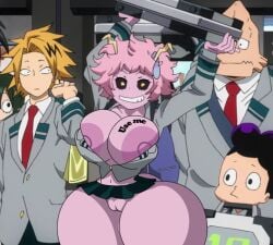 body_writing condom editorl huge_ass huge_breasts mina_ashido miniskirt my_hero_academia public tattoo used_condom useless_clothing