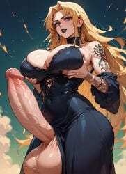 ai_generated big_balls big_penis black_dress black_lipstick black_nails blonde_hair futanari grabbing_own_breast tattooed_arm