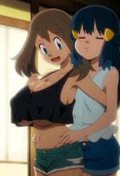 2024 2girls ai_art ai_generated big_breasts blue_eyes blue_hair blush brown_hair cleavage dawn_(pokemon) female female_only gamefreak highres huge_breasts human large_breasts looking_back may_(pokemon) mayday_(artist) navel nintendo pokemon pokemon_(anime) tank_top underboob yuri