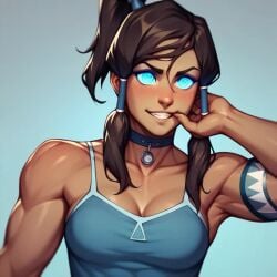 ai_generated avatar_legends big_breasts choker female korra mind_control nickelodeon nicktoons pulling_cheek the_legend_of_korra toned_female tribal_clothing