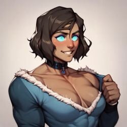 ai_generated avatar_legends big_breasts black_hair blue_eyes female korra mind_control nickelodeon nicktoons smile taking_clothes_off the_legend_of_korra