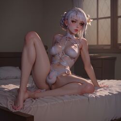 ai_generated athletic_futanari bedroom_background big_breasts blindparty canon_futanari civitai dickgirl flower_in_hair futanari hair_bun kaine_(nier) lingerie nier penis white_hair yellow_eyes