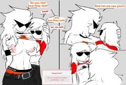 2girls areola areolae before_sex breasts color colored daughter daughter_and_mother daughter_and_mother_(lore) dave_strider dialogue dirk_strider electric_(artist) female female_focus female_only glasses headgear headwear homestuck incest large_breasts mother mother_and_daughter mother_and_daughter_(lore) pale-skinned_female pale_skin pants partially_clothed partially_clothed_female pulling_shirt_up pulling_up_shirt request shades shirt shirt_lift short_hair small_boobs small_breasts spiky_hair stripping sunglasses t-shirt text tshirt underwear white_skin yuri yuri