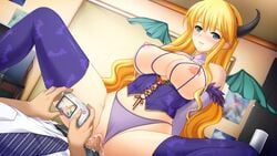 1boy bare_shoulders bat_print blonde_hair blue_eyes blush breasts camera censored corset cowgirl_position detached_collar elbow_gloves fake_horns fake_wings female gakuen_taima game_cg gloves hijirigaoka_lisa koizumi_amane large_breasts long_hair looking_at_viewer mosaic_censoring necktie nipples panties panties_aside penis picture_(object) print_legwear purple_legwear purple_panties pussy room sex smile spread_legs taking_picture thighhighs underwear vaginal_penetration wings