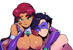 1boy ai_generated alien alien/human alien_girl alternate_breast_size alternate_costume big_breasts canon_couple couple dc dc_comics dick_grayson female koriand'r mullon nipples novelai orange_body red_hair robin_(dc) smile starfire tamaranean teen_titans thick_thighs top_heavy