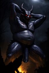 ai_generated demon demon_male fire glistening_eyes horns male night overweight_male penis red_eyes scars scars_all_over solo