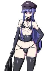 07th_expansion 2024 bangs blue_hair dominatrix elbow_gloves female female_focus female_only furude_rika hat higurashi_no_naku_koro_ni light-skinned_female long_hair navel purple_eyes simple_background small_breasts thighhighs thighs toshiaki1277 white_background