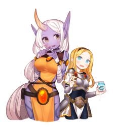 armor belt blonde_hair blue_eyes blush breasts choker dress hair hairband hips horn league_of_legends loincloth_dress long_ears long_hair luxanna_crownguard milk milk_carton pointy_ears purple_skin sideboob soraka thighs very_long_hair white_hair yellow_eyes yomi yomi_(artist)