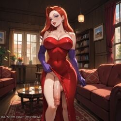 1futa ai_generated artist_name big_breasts big_penis colored digital_media_(artwork) dress elbow_gloves erection front_view futa_only futanari green_eyes jessica_rabbit psyopsai red_clothing red_hair solo solo_focus thighs uncensored watermark who_framed_roger_rabbit