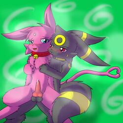 2014 blush blushes cum eeveelution espeon from_behind fur furry_ears furry_tail heart male nintendo penis pokemon precum senz tail umbreon video_games