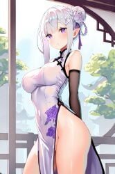 ai_generated ass black_gloves braids cheongsam china_dress chinese_clothes emilia_(re:zero) floral_print half_elf high_slit_dress large_breasts ministro no_panties outdoors re:zero_kara_hajimeru_isekai_seikatsu short_hair sleeveless traditional_clothes