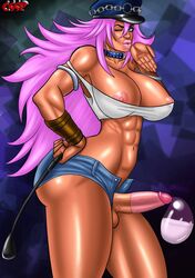 1futa areola blue_eyes breasts capcom condom condom_balloon condom_filling cssp cum final_fight futa_only futanari futasp huge_cock human intersex long_hair nipples penis pink_hair pink_lipstick poison_(final_fight) pose street_fighter