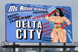 american_flag_bikini big_breasts billboard bimbo black_hair choker city_background commission degradation degradation_text gloves gnashershells gold_belt gold_tiara graffiti mask ms._americana muscular_arms muscular_female muscular_legs muscular_thighs patriotic_clothing red_gloves strapless_bra superheroine thick_thighs thong tiara