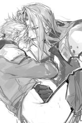 2boys ass blush blushing clothed clothed_sex cloud_strife crisis_core_final_fantasy_vii final_fantasy final_fantasy_vii gay gay_sex gloved_handjob gloves greyscale handjob height_difference long_hair male/male pauldrons ponytail sephiroth size_difference smile smirk spiky_hair thighs tiandayu2022 undressing white_background yaoi