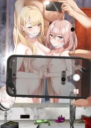 1boy 2girls blonde_hair blush breast-to-breast breasts cellphone cellphone_photo commentary_request condom ear_piercing earrings facemask gojou_wakana grin highres holding_hands inui_sajuna jewelry kitagawa_marin large_breasts long_hair looking_at_viewer medium_hair mirror multiple_girls navel nipples nude one_eye_closed petite phone piercing pink_hair purple_eyes red_eyes reflection shirosuzu small_breasts smile sono_bisque_doll_wa_koi_wo_suru used_condom v